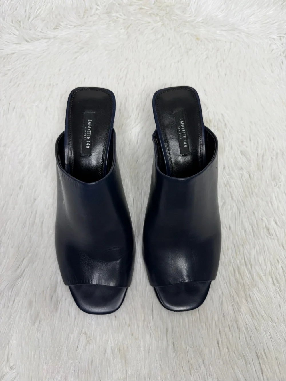 LAFAYETTE 148 / Hayvin navy blue leather slip on wedge mule heels / 8